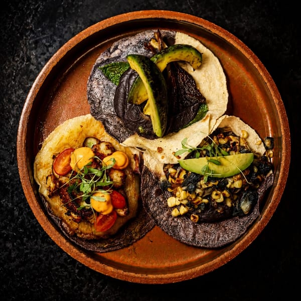 Trio of vegetable tacos on handmade tortillas
