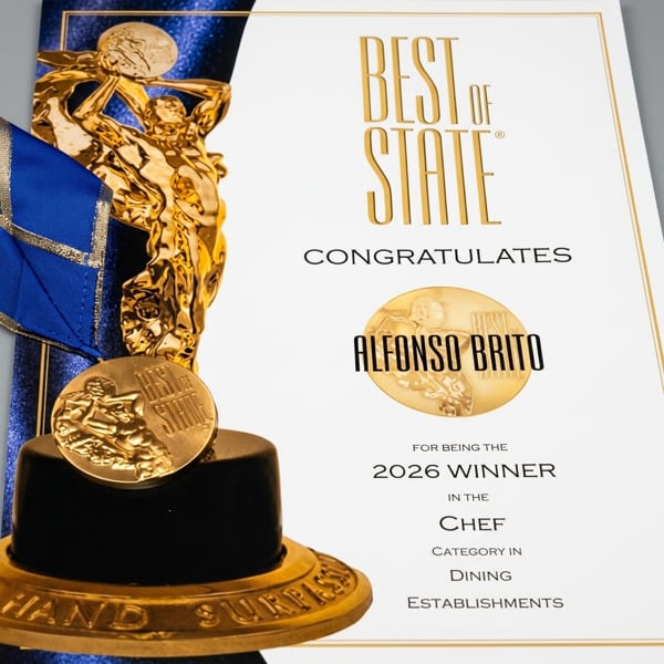 Best of State award certificate for Alfonso Brito as 2026 Chef winner, with a gold trophy.