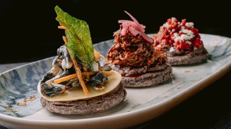 Three gourmet sopes with diverse toppings, including mushrooms, shredded meat, and red salsa, on a patterned plate.