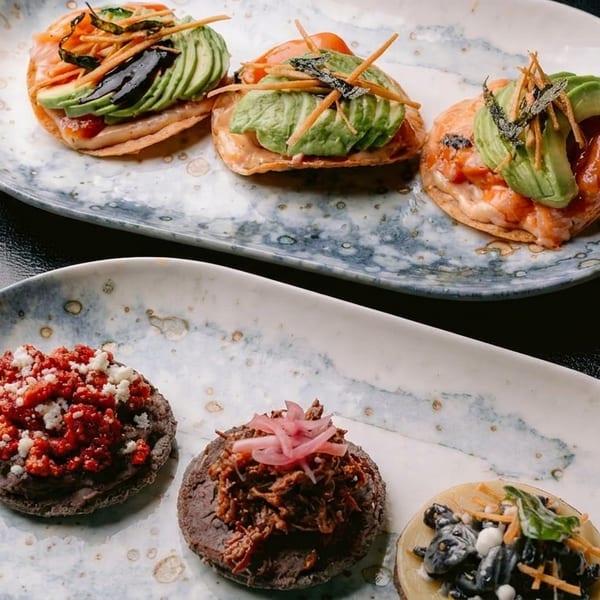 Two plates of gourmet Mexican sopes and tostadas with various toppings like avocado, beans, and meat.
